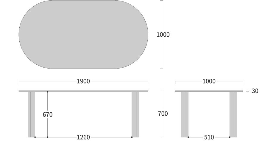 NEO TABLE 楕円形 4本脚寸法図