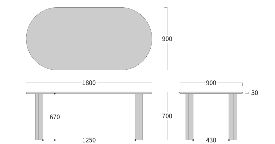 NEO TABLE 楕円形 4本脚寸法図