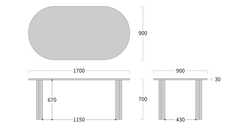NEO TABLE 楕円形 4本脚寸法図