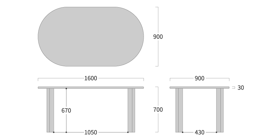 NEO TABLE 楕円形 4本脚寸法図