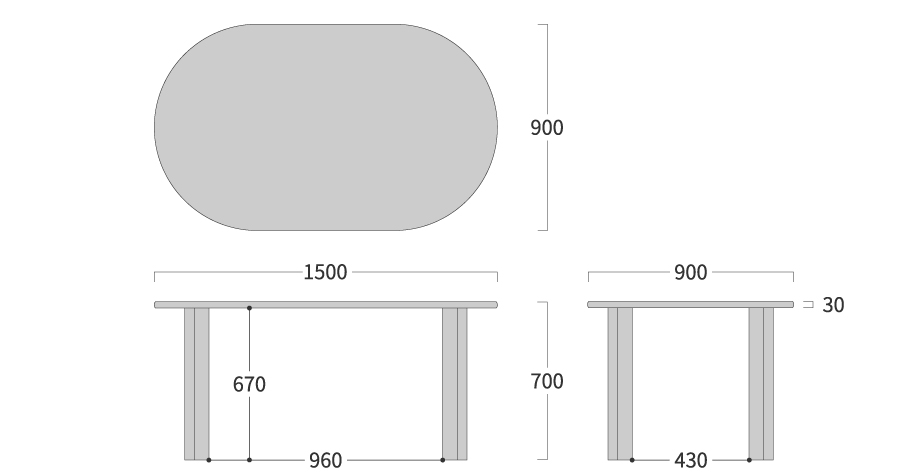 NEO TABLE 楕円形 4本脚寸法図