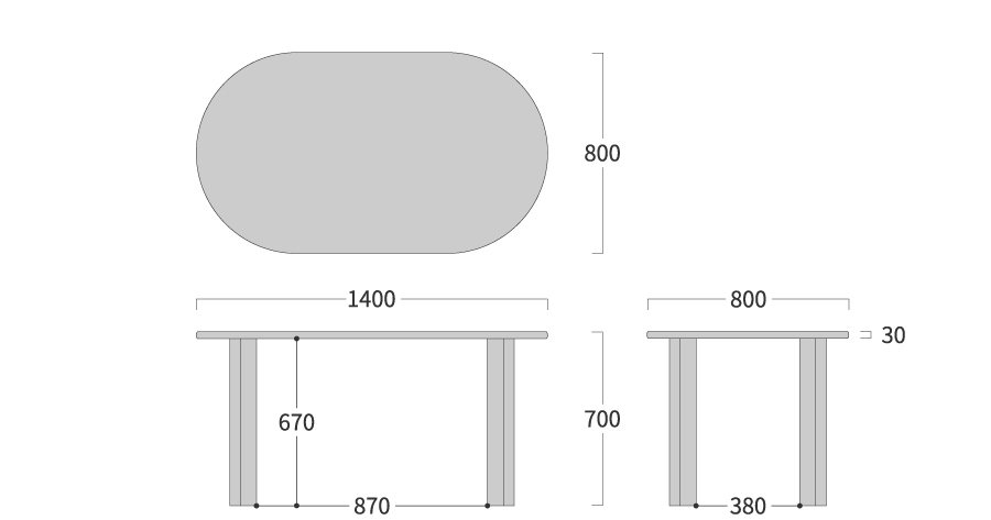 NEO TABLE 楕円形 4本脚寸法図