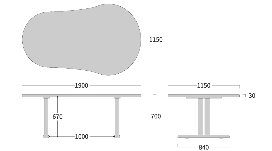 NEO TABLE ひょうたん形 2本脚寸法図