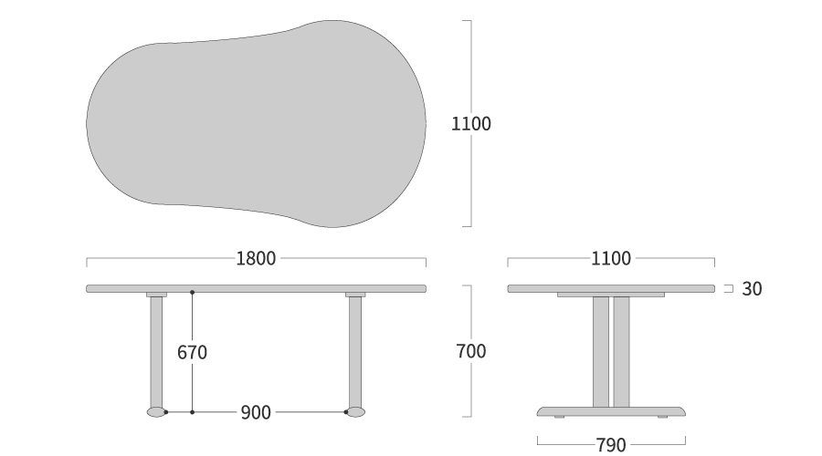 NEO TABLE ひょうたん形 2本脚寸法図