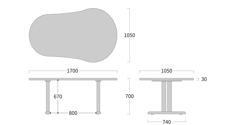 NEO TABLE ひょうたん形 2本脚寸法図