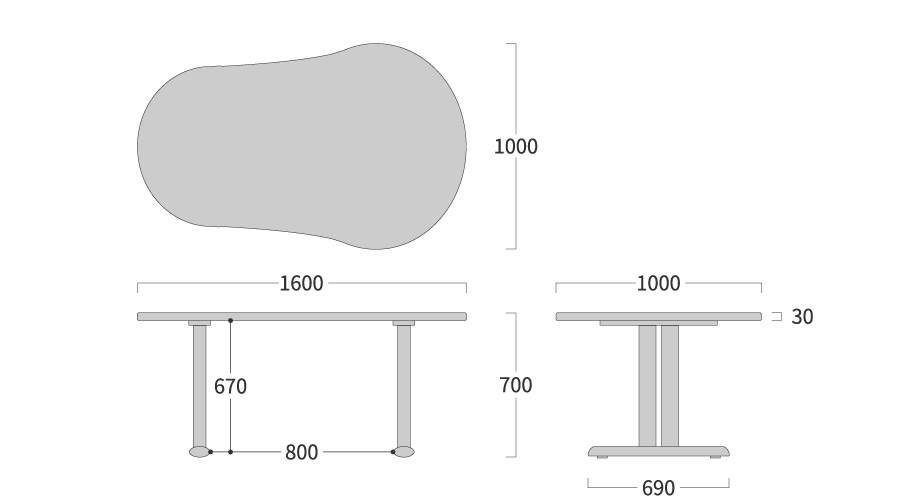 NEO TABLE ひょうたん形 2本脚寸法図