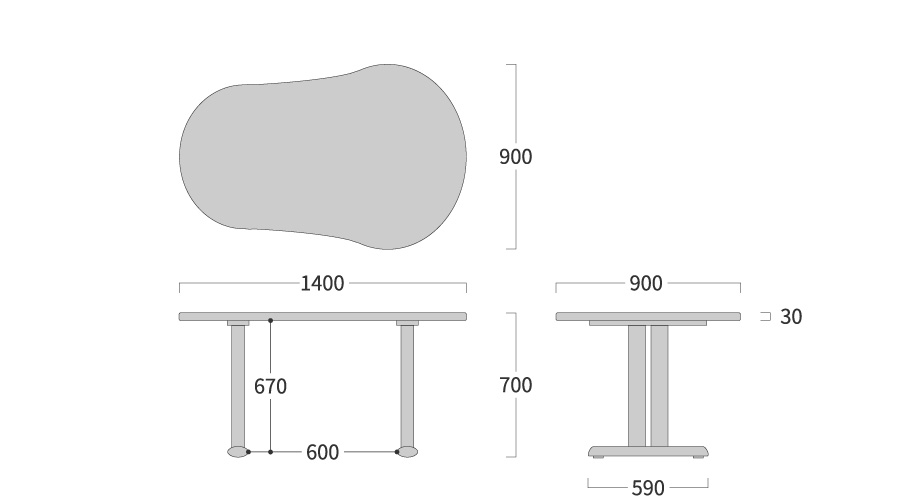NEO TABLE ひょうたん形 2本脚寸法図