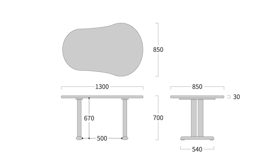 NEO TABLE ひょうたん形 2本脚寸法図