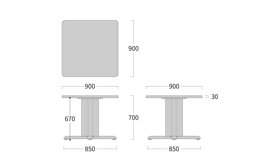 NEO TABLE 正方形 1本脚寸法図