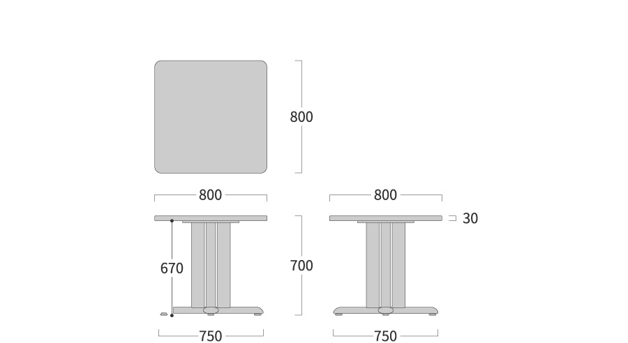 NEO TABLE 正方形 1本脚寸法図