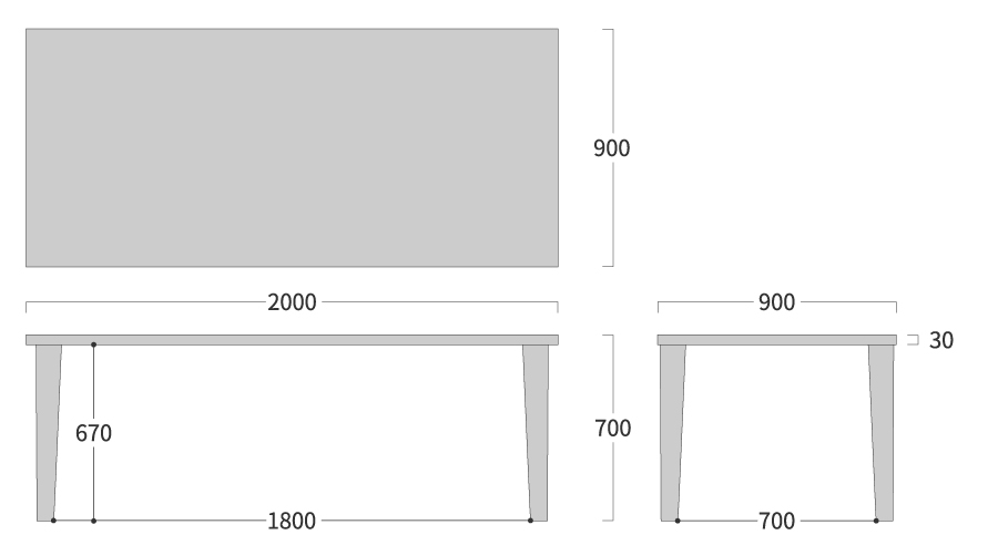 PLATZ TABLE 四角形 テーパー脚寸法図