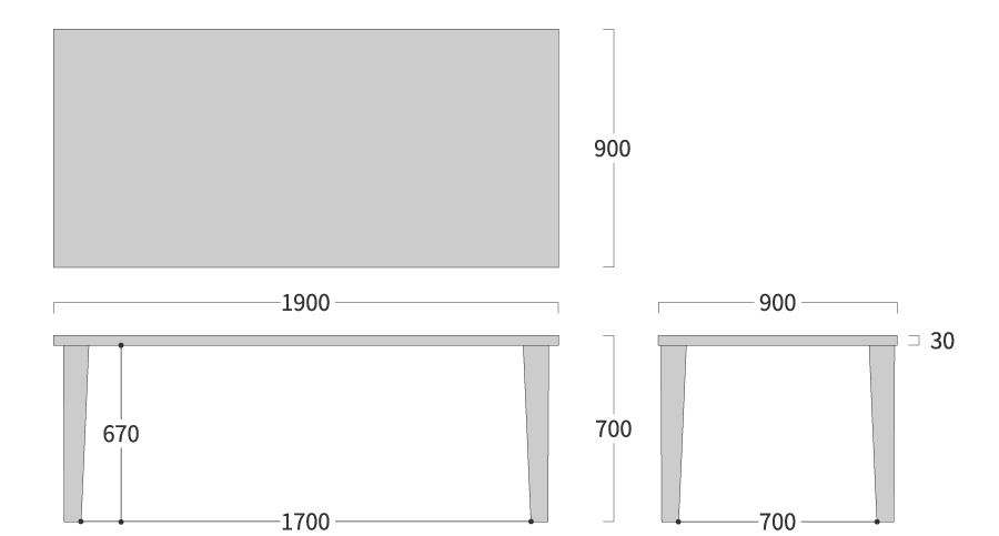PLATZ TABLE 四角形 テーパー脚寸法図