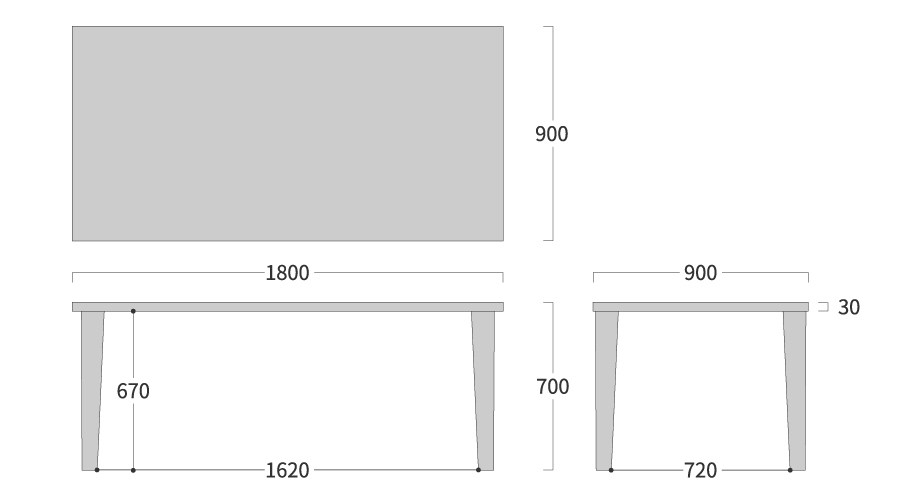 PLATZ TABLE 四角形 テーパー脚寸法図