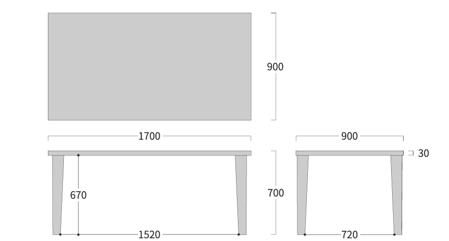 PLATZ TABLE 四角形 テーパー脚寸法図