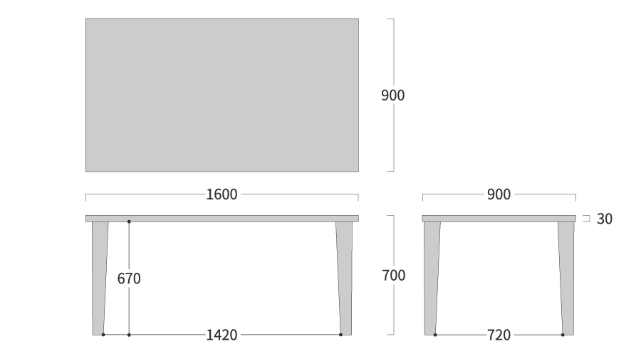 PLATZ TABLE 四角形 テーパー脚寸法図