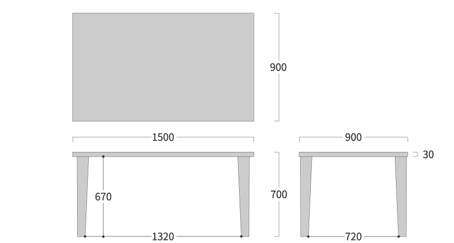 PLATZ TABLE 四角形 テーパー脚寸法図