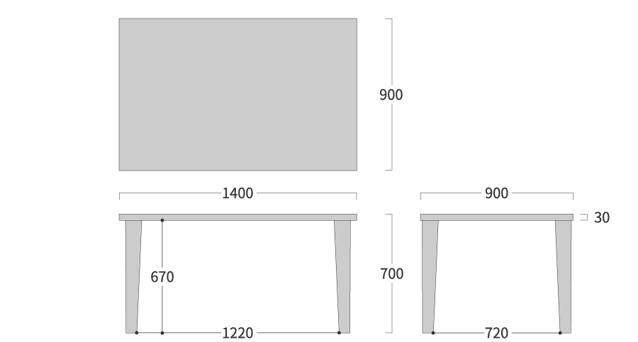 PLATZ TABLE 四角形 テーパー脚寸法図