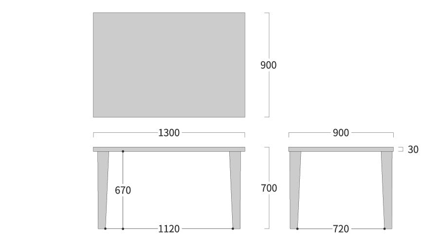 PLATZ TABLE 四角形 テーパー脚寸法図
